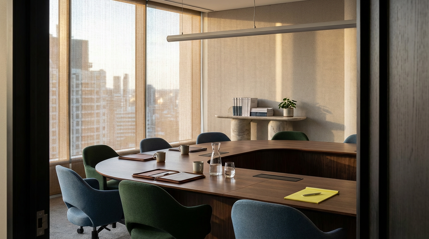 Empty modern conference room with a curved wooden table, six chairs, large windows with blinds, and a shelf with books and a plant.