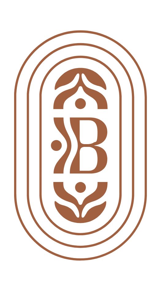 Stylized logo with a central 'B' surrounded by decorative elements, enclosed in an oval shape with multiple borders, in brown on a black background.