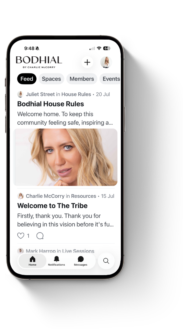 Mobile app screen displaying a community group named Bodhial by Charlie McCorry with sections for feed, spaces, members, and events, and posts about house rules and welcoming messages.