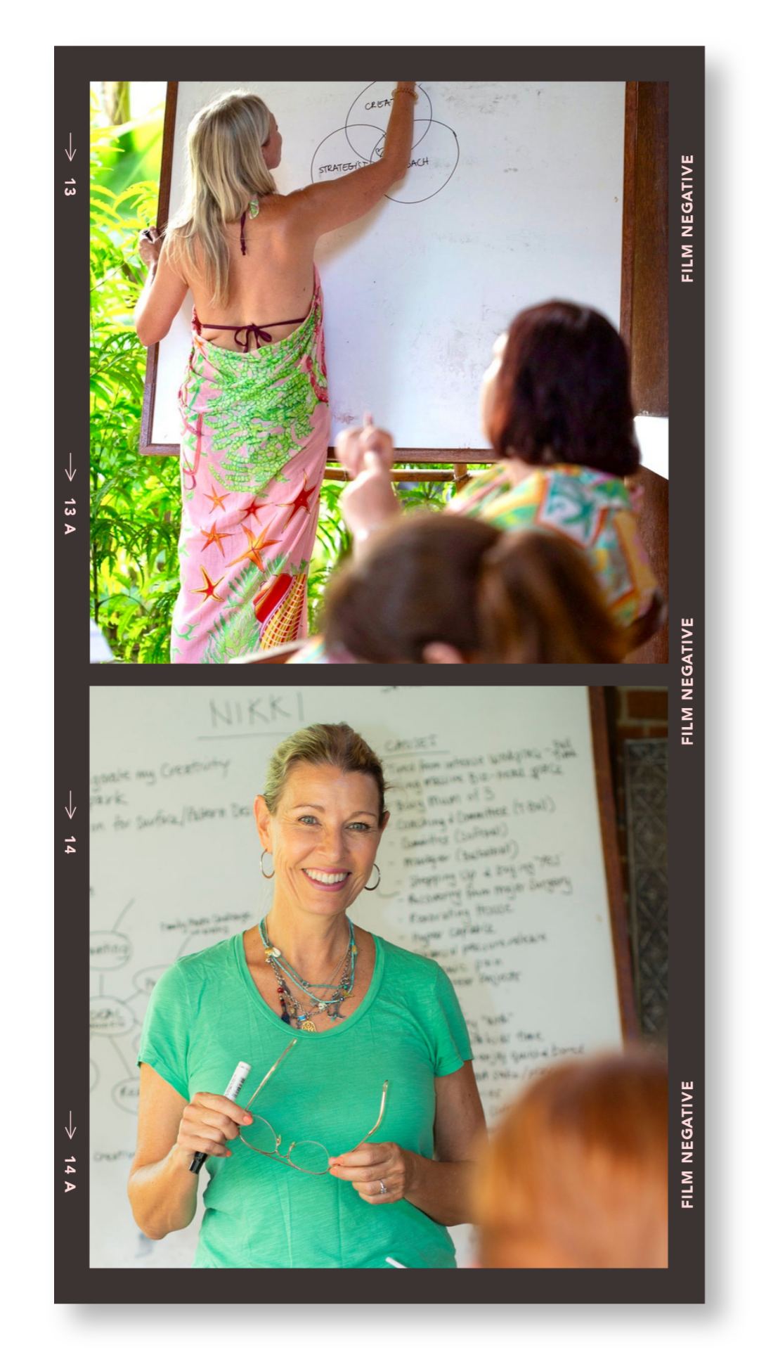Two images: The first shows a woman in a colorful dress writing on a whiteboard, with foliage outside the window. The second shows a smiling woman in a green shirt holding glasses and a marker standing in front of a whiteboard with notes.