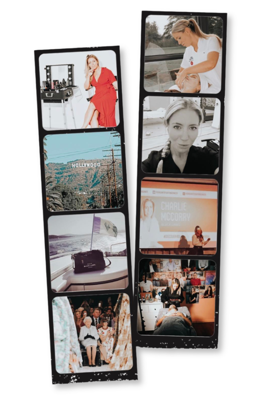 Two smartphones displaying various photos including a woman in a red dress, a scenic view of the Hollywood sign, a boat deck with a branded bag, a group of people at an event, a woman receiving a massage, a woman making a selfie, a speaker on stage with Charlie McGorry, a person lying on a bed while recording a podcast, and a room with multiple people attending a presentation.