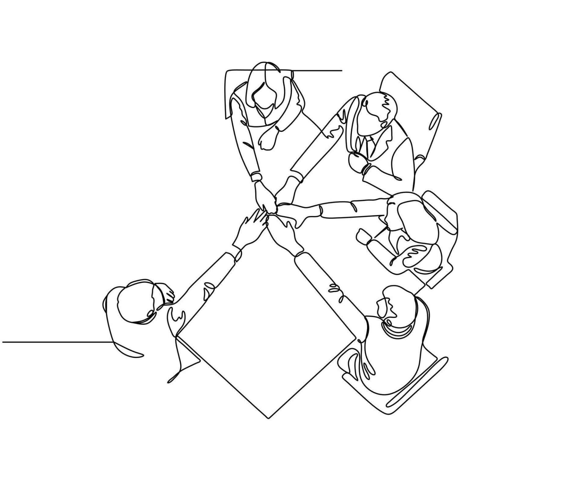 line drawing of give people sitting around a table with an arm each preparing to group cheer; birds eye view