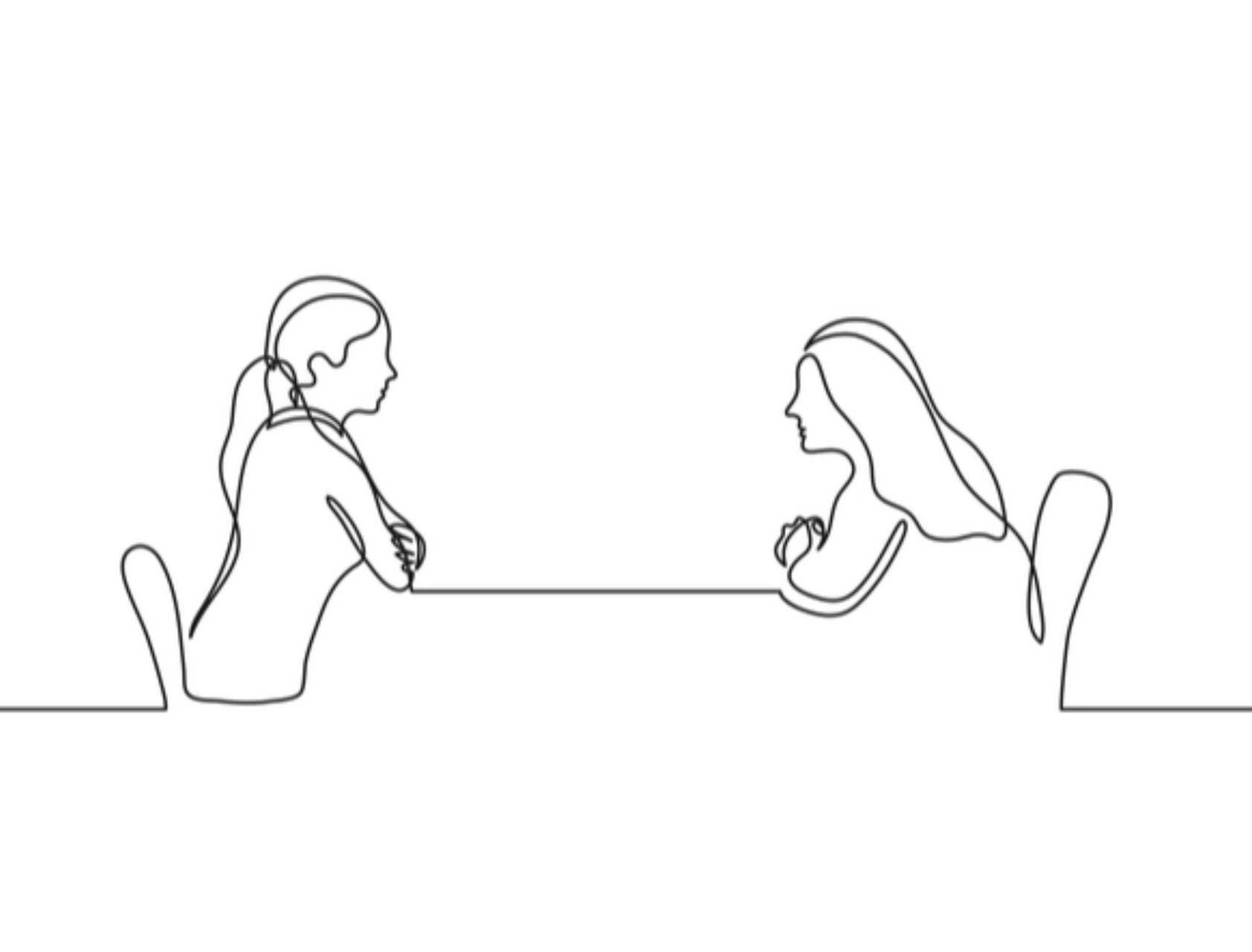 line drawing of two women sitting across from each other appearing to engage in conversation