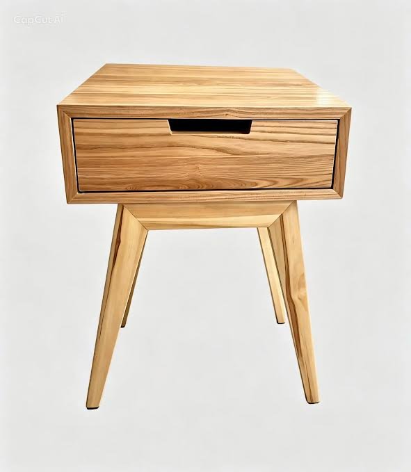 A wooden bedside table with a drawer and angled legs, against a plain white background.