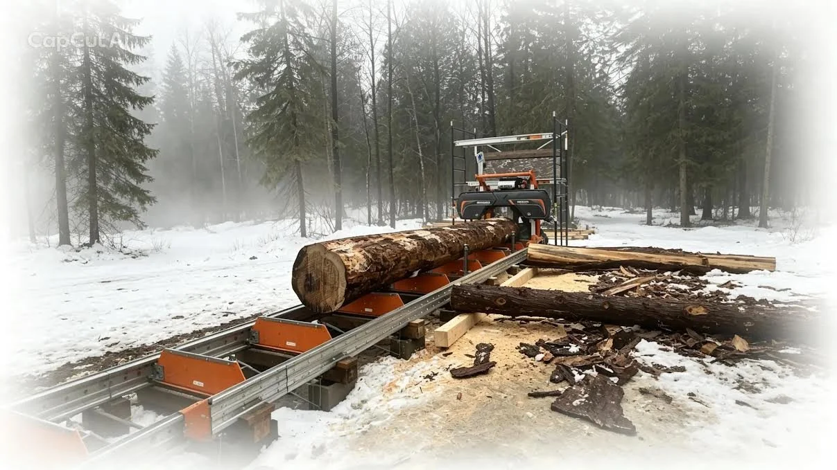 A chainsaw mill cutting a large log of wood into lumber in a snowy forest.
