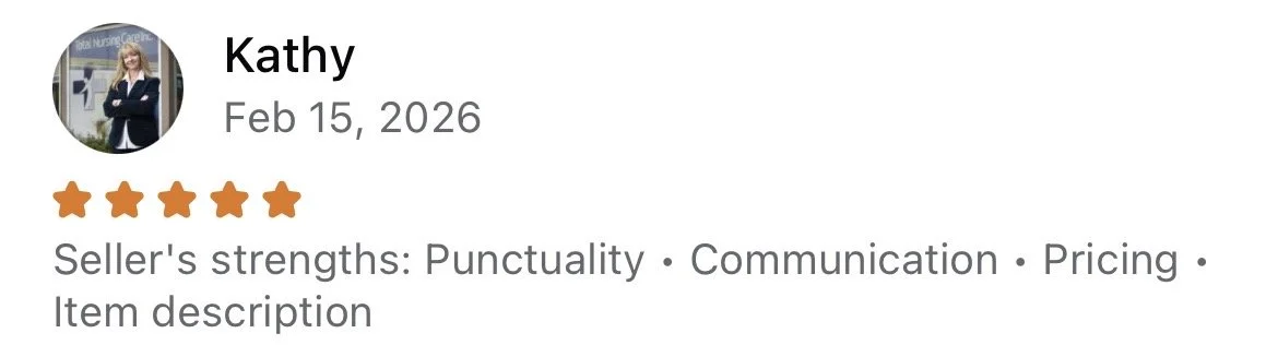 Screenshot of a 5-star review by Kathy dated February 15, 2026, highlighting seller's strengths in punctuality, communication, and pricing.
