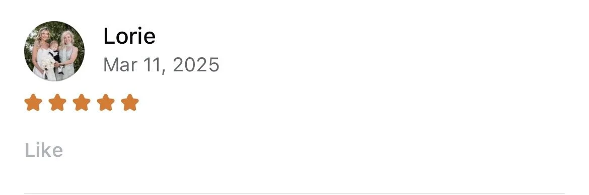Screenshot of a social media review with a profile picture of three women, the name Lorie, a date of March 11, 2025, and a five-star rating.