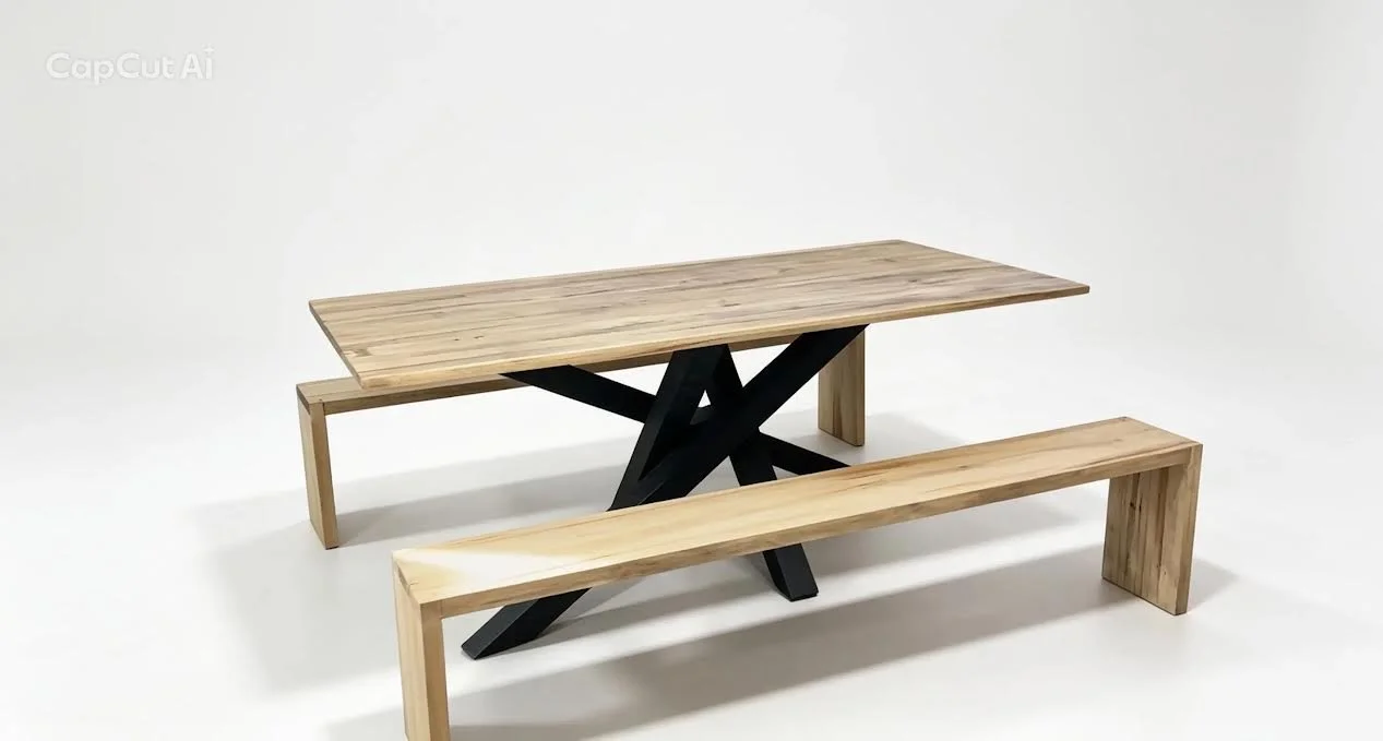 Modern wooden dining table with two matching benches and a black geometric metal base