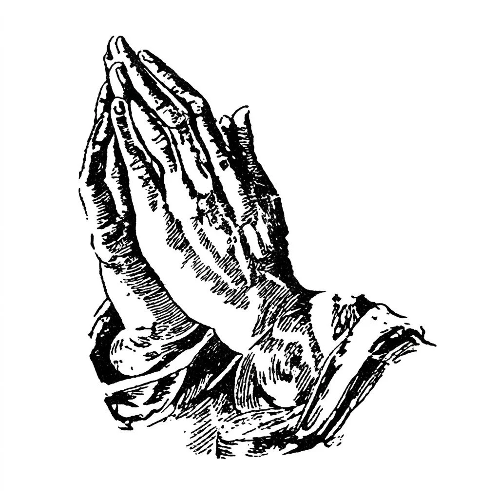 Black and white drawing of hands clasped together in prayer.