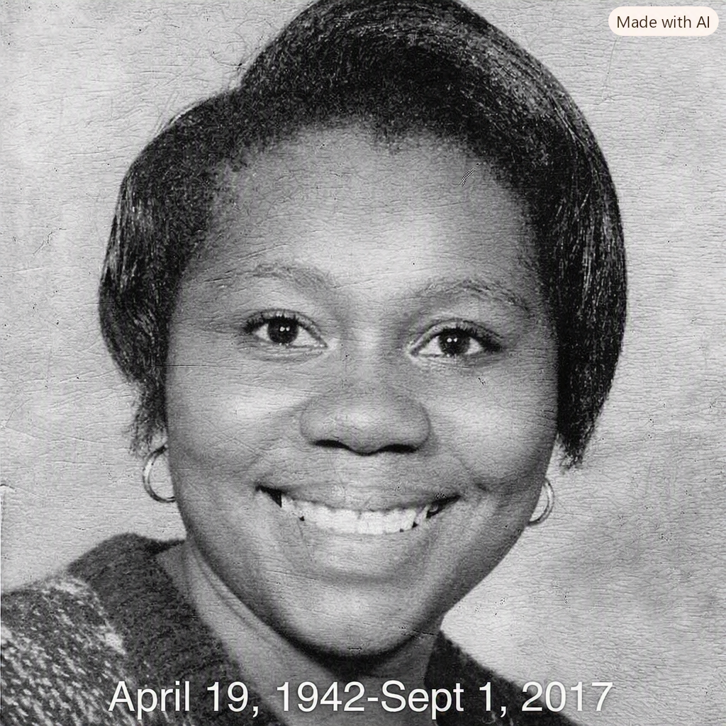 Black and white portrait photograph of a smiling woman with short hair, wearing earrings and a sweater. Text at the bottom states her birth and death dates: April 19, 1942 - September 1, 2017.