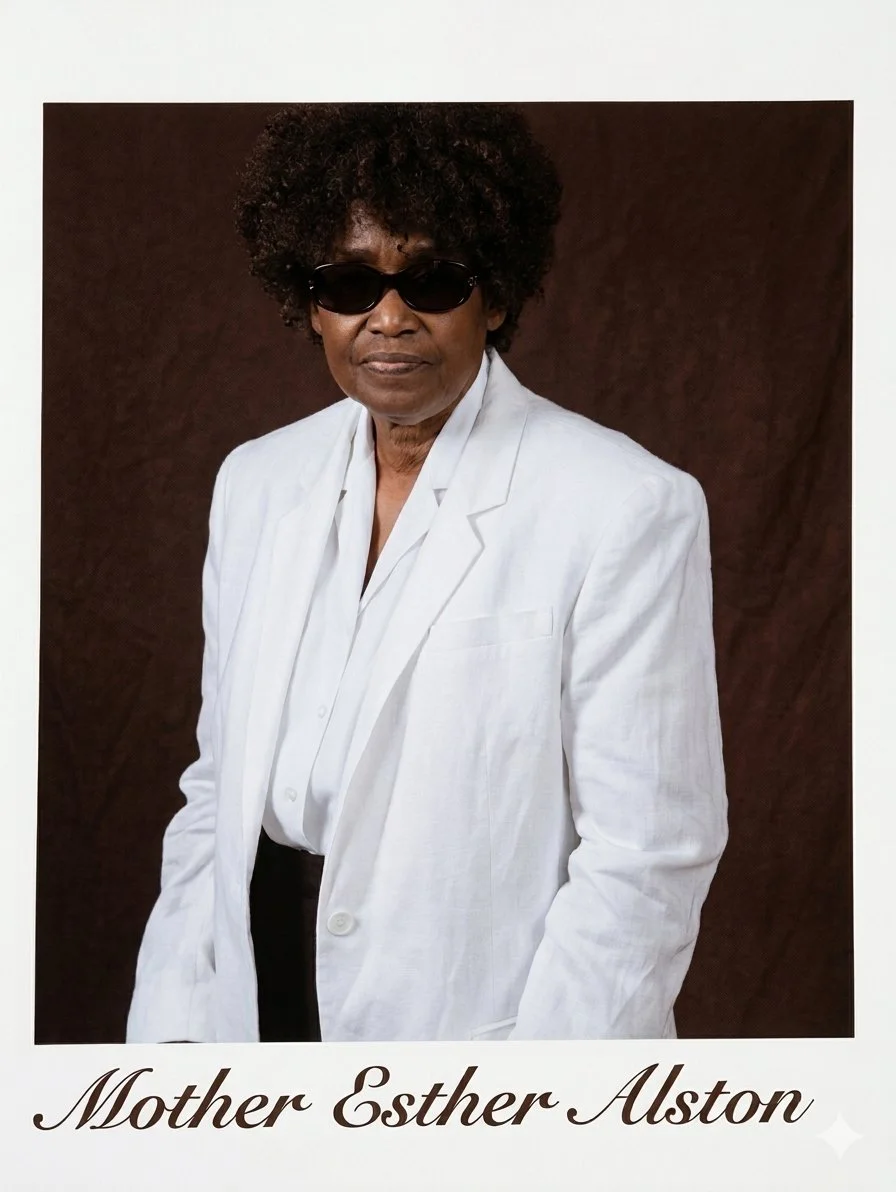 Esther Alston with dark skin and curly hair wearing dark sunglasses, a white suit and white shirt, standing in front of a brown background. The text at the bottom of the image reads "Mother Esther Alston."