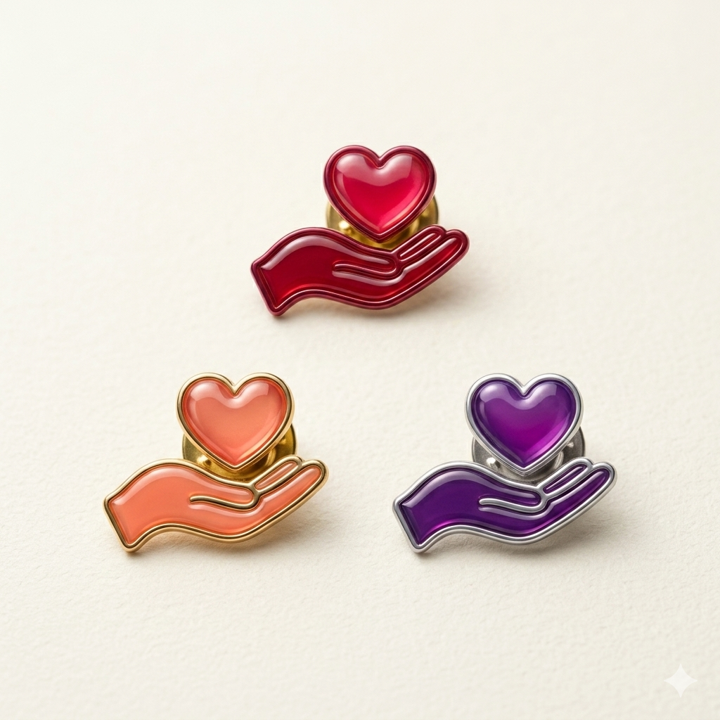 Three pins with hand and heart designs in red, pink, and purple colors, placed on a light-colored surface.