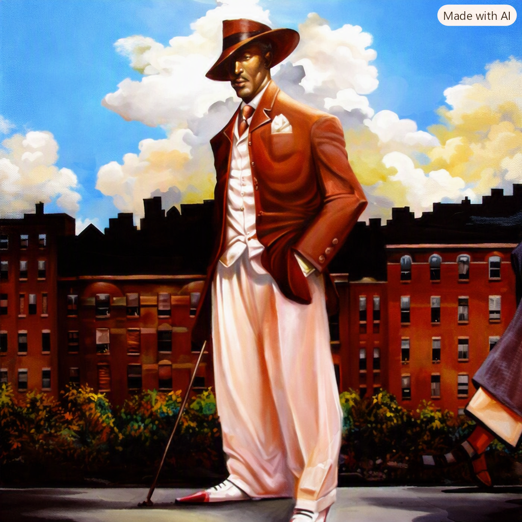 A painting of a stylish man standing outdoors with his hand in his pocket, wearing a wide-brimmed hat, a brown blazer, white shirt, and loose fitting white trousers, with a cityscape and clouds in the background.