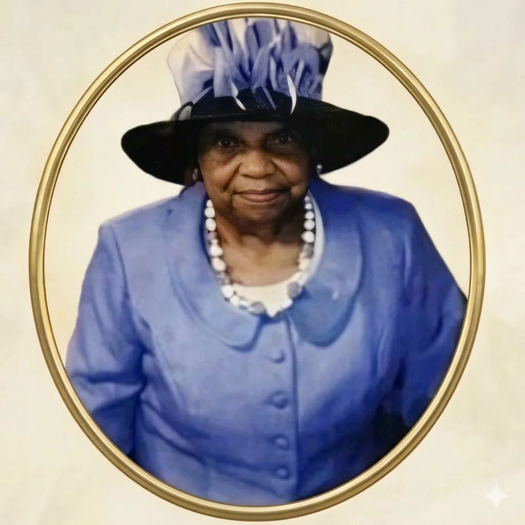 An elderly woman wearing a black hat with purple and white decorations, a light purple blazer, and a pearl necklace, standing inside an oval gold picture frame.
