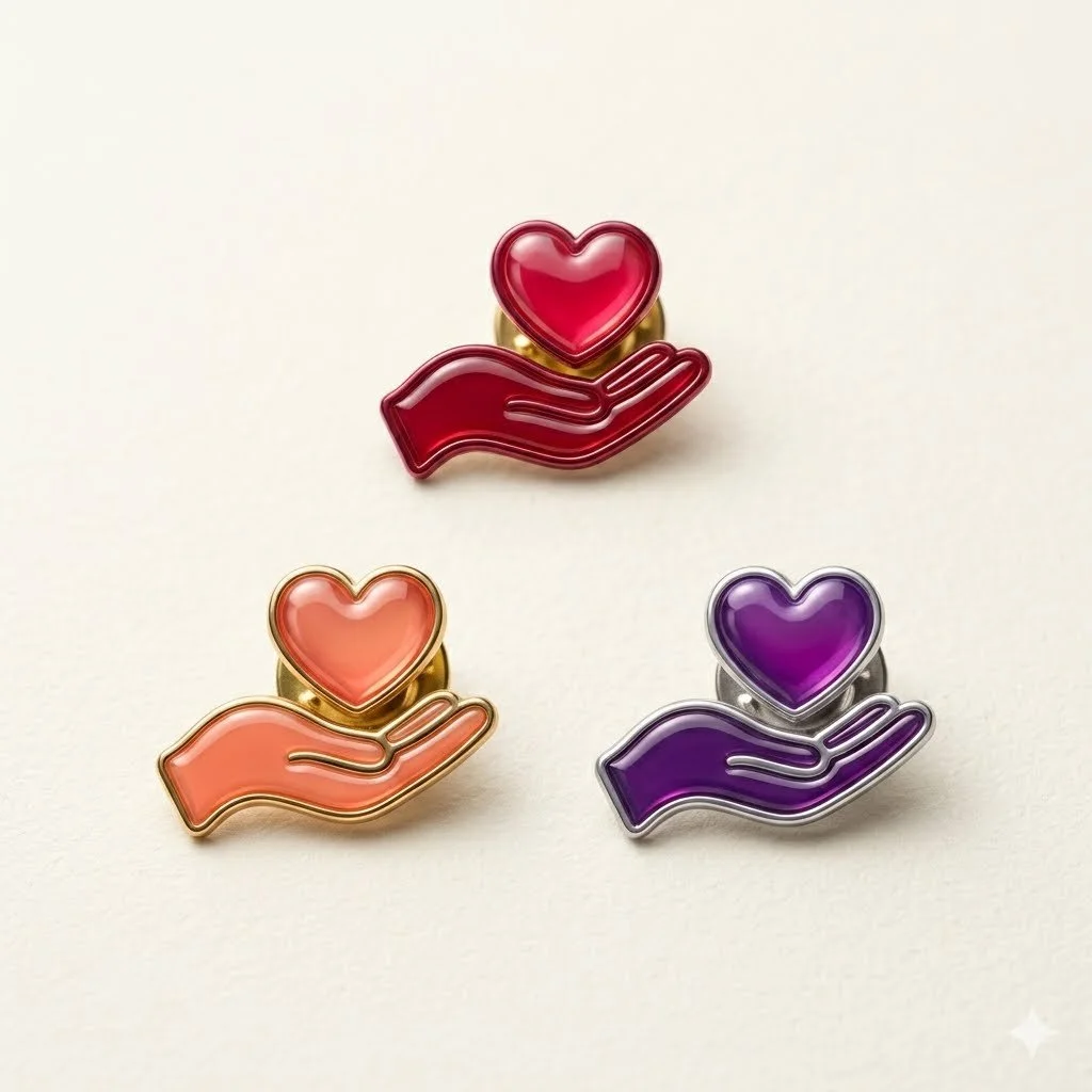 Three enamel pins featuring hand holding a heart in red, pink, and purple colors, arranged on a plain light background.