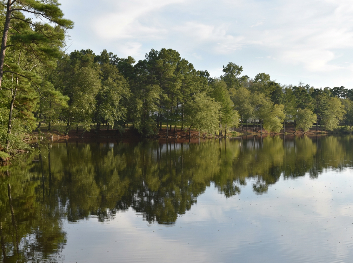 A calm lake reflecting green trees and a partly cloudy sky.
