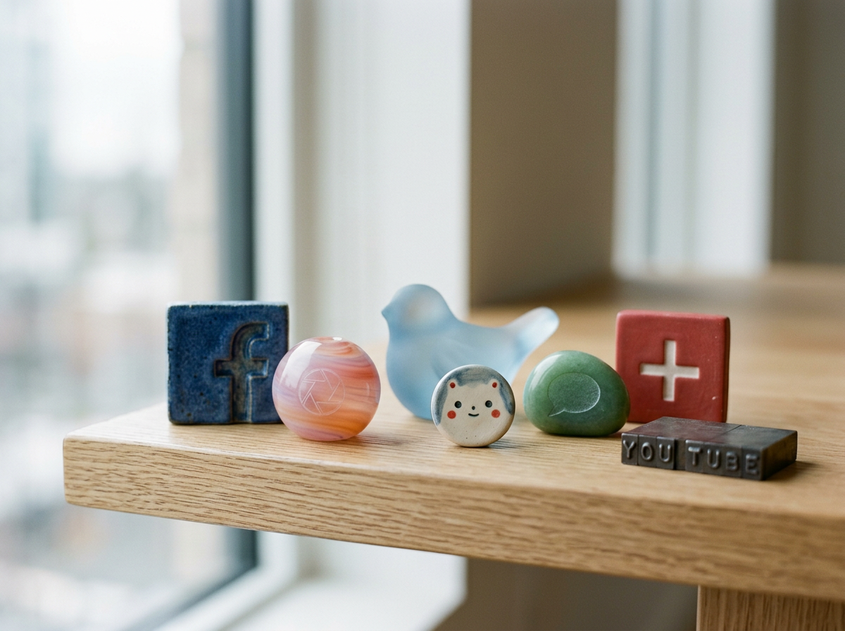 Collection of small decorative items on a wooden surface, including social media icons for Facebook and YouTube, a ceramic bird, a round marble with a camera icon, a small animal face, a green speech bubble, and a red square with a plus sign.