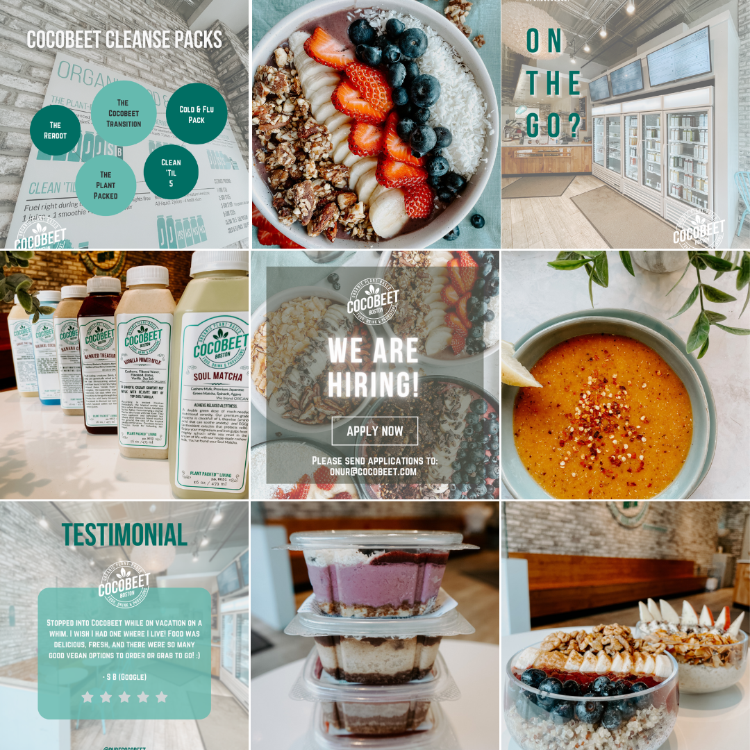 A collage of nine images showcasing healthy food, drinks, bakery items, a cafe interior, and a hiring announcement, all related to CocoBeet, a health-focused cafe.