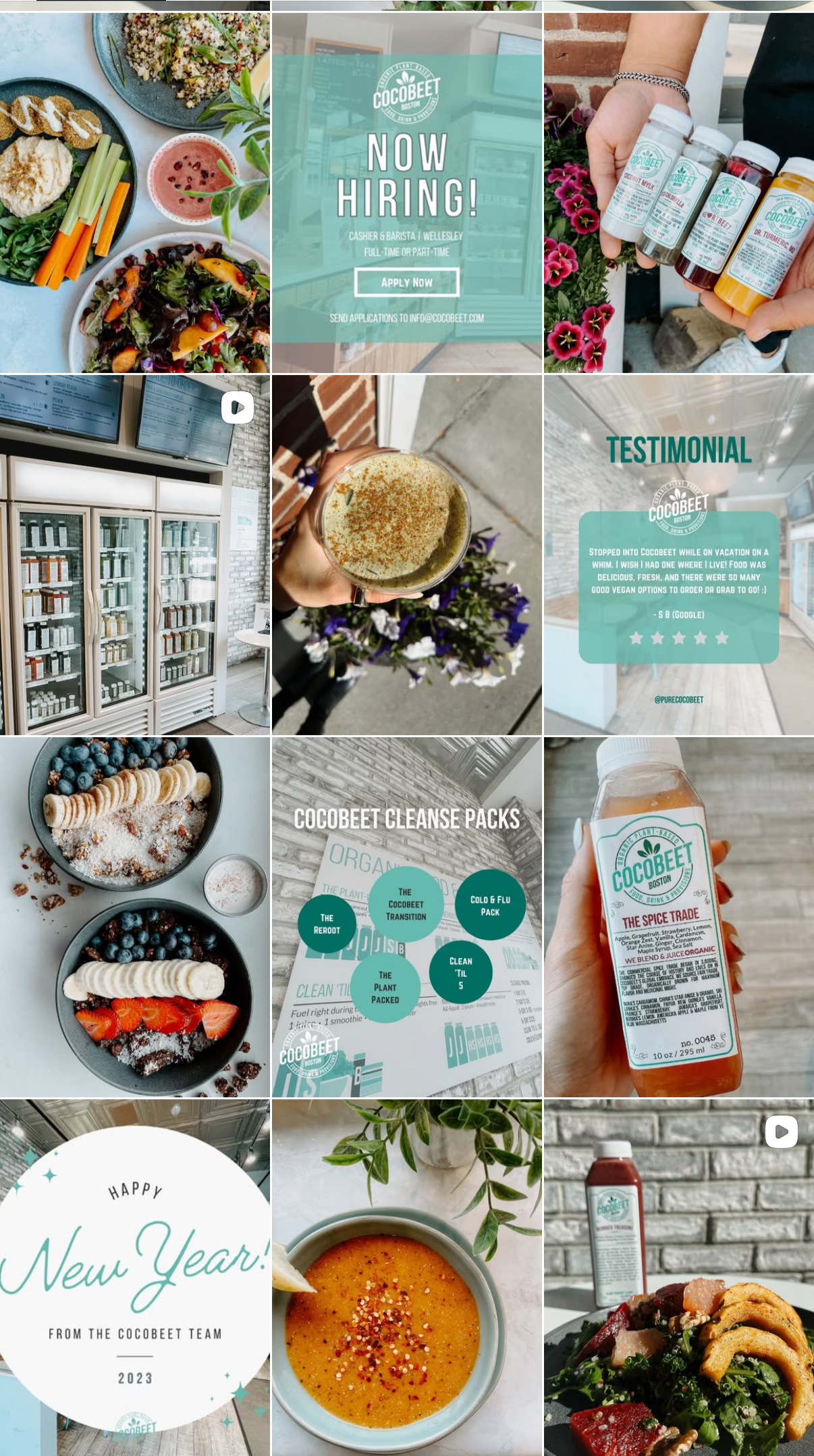 A collage of images promoting Cocobeet, a health food and smoothie shop. It features a 'Now Hiring' sign, bottles of supplements, various healthy bowls of fruit and granola, a smoothie, a refrigerator full of products, a person holding a beverage, plant-based and clean eating products, a healthy meal, and a New Year greeting from the Cocobeet team.