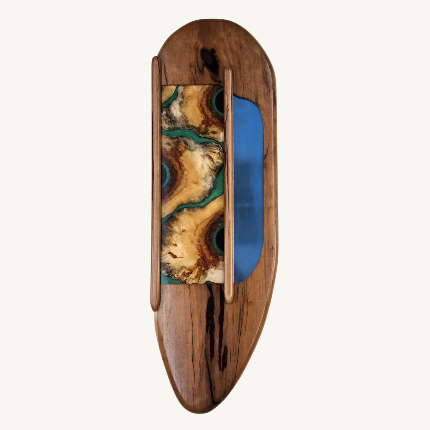 Harp, 2026. Reclaimed hardwood, resin, mixed media - 41" x 13" x 1.5"