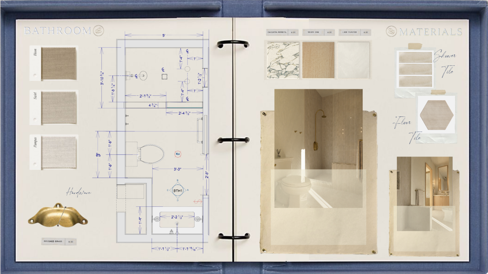 Open design catalog showing bathroom layout, materials, color samples, and photos of bathroom interior.