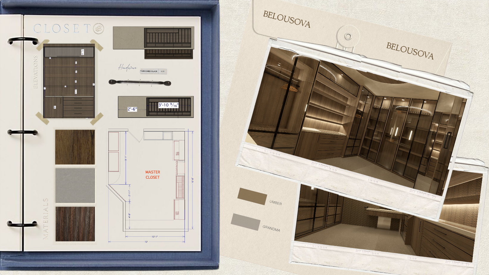 Design plans and interior photos of a custom walk-in closet with wooden shelving, drawers, and storage spaces.