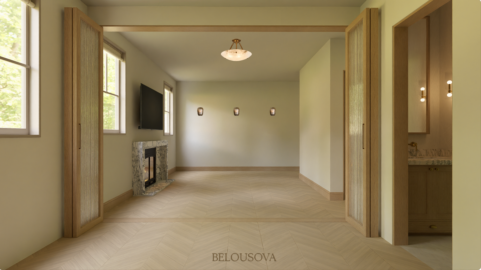 Empty living room with wood trim, light green walls, hardwood flooring, large windows, wall-mounted TV, marble fireplace, and open doorway leading to a bathroom.