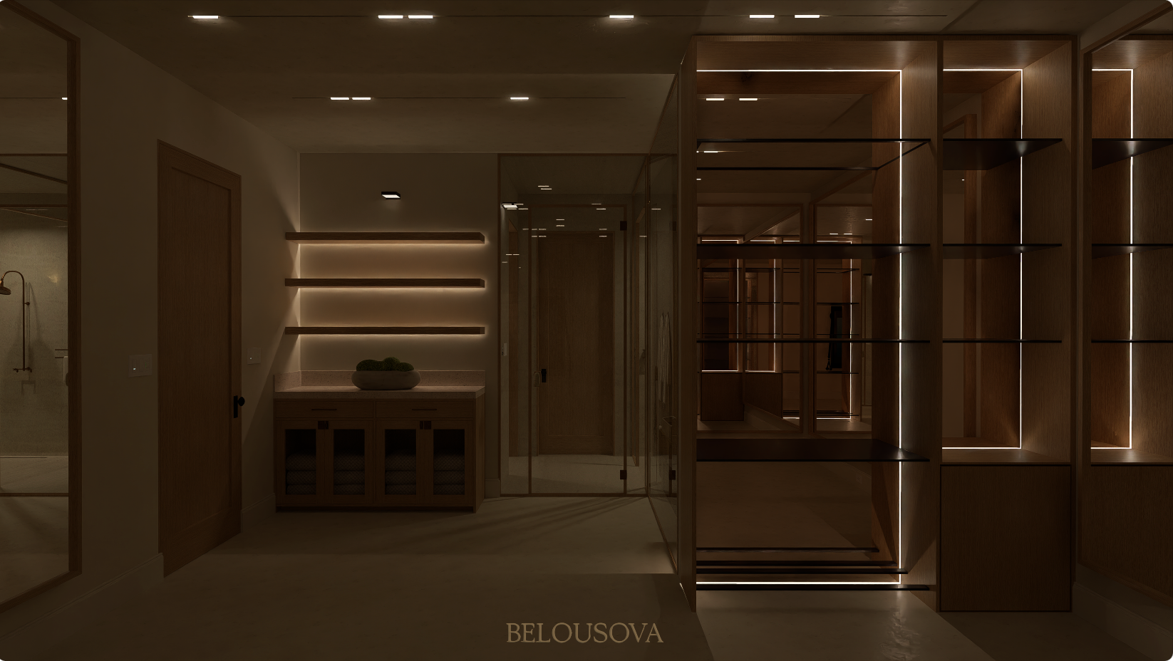 Interior of a modern, minimalist room with wooden shelving, LED lighting, a small cabinet with a decorative bowl, and glass doors leading to another space.