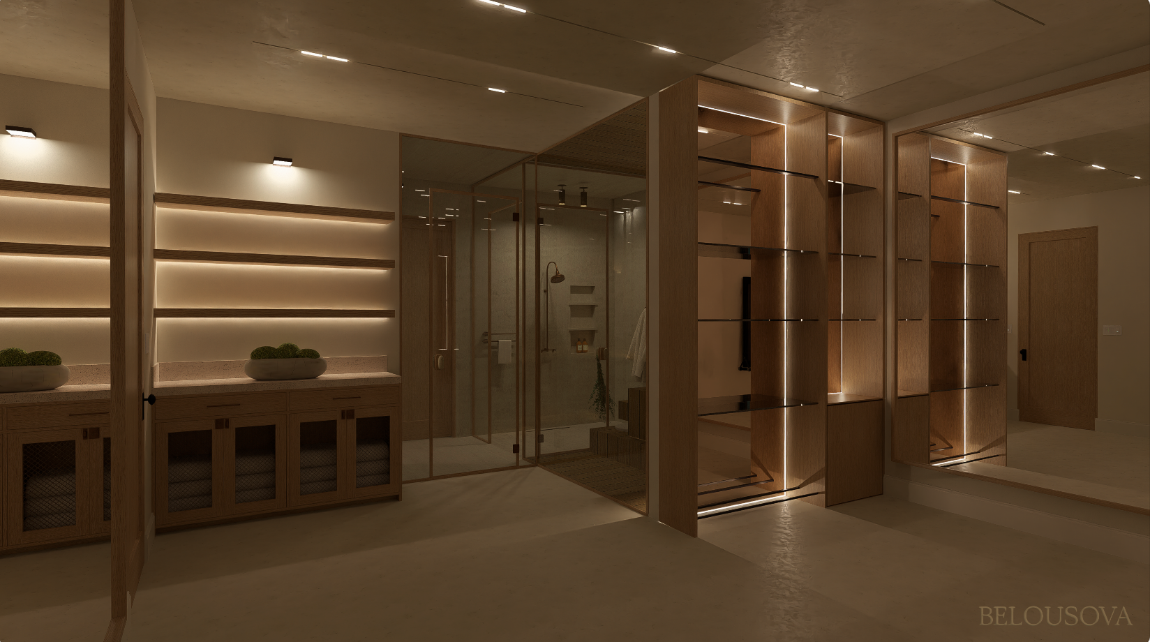 Modern interior space with wooden shelving, a glass shower enclosure with a rain shower head, and soft ambient lighting.