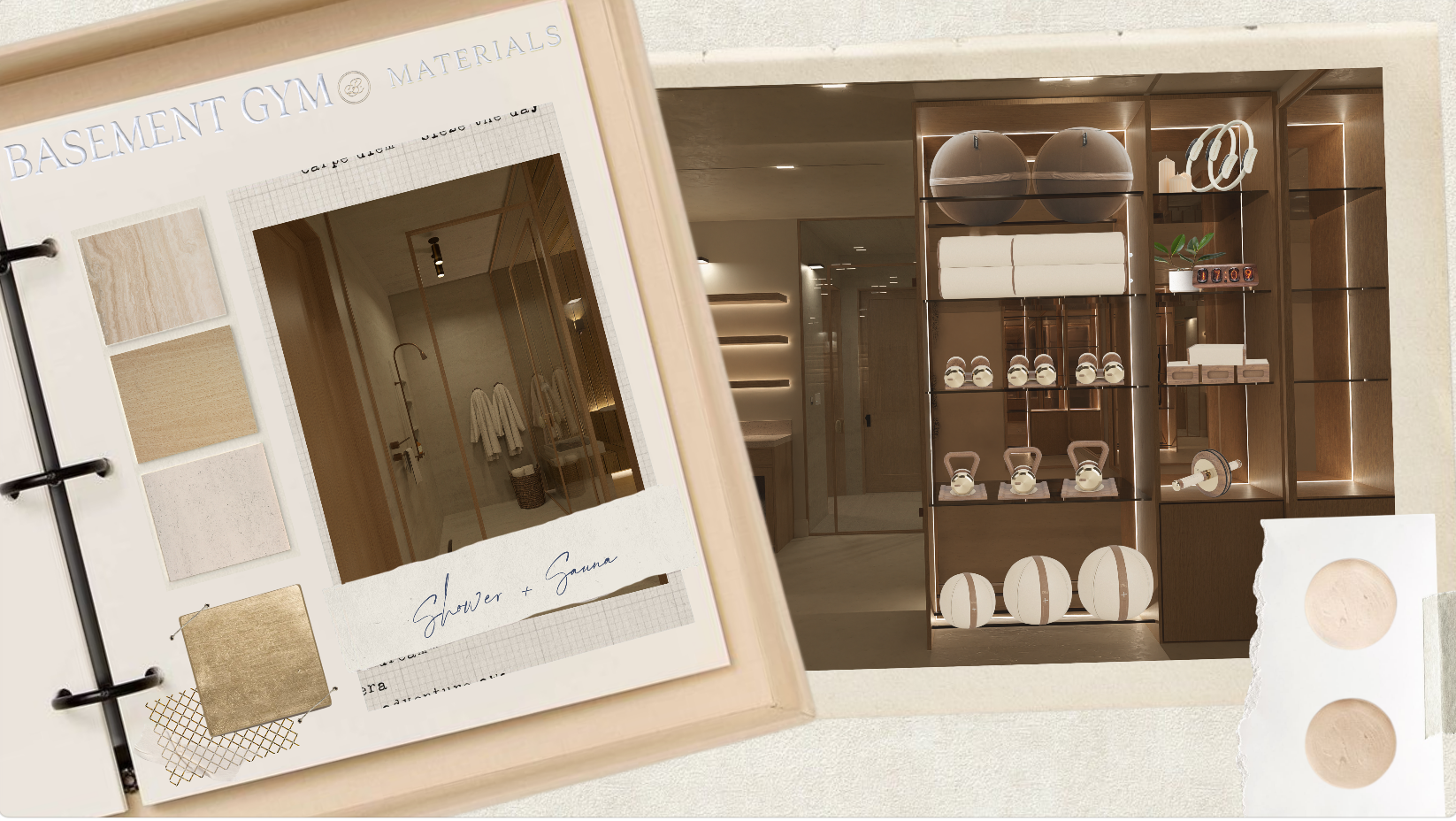 Design mood board showing a bathroom interior with towels and a shower, alongside shelves holding white decorative balls, kettlebells, and storage boxes, in a warm wooden tone.