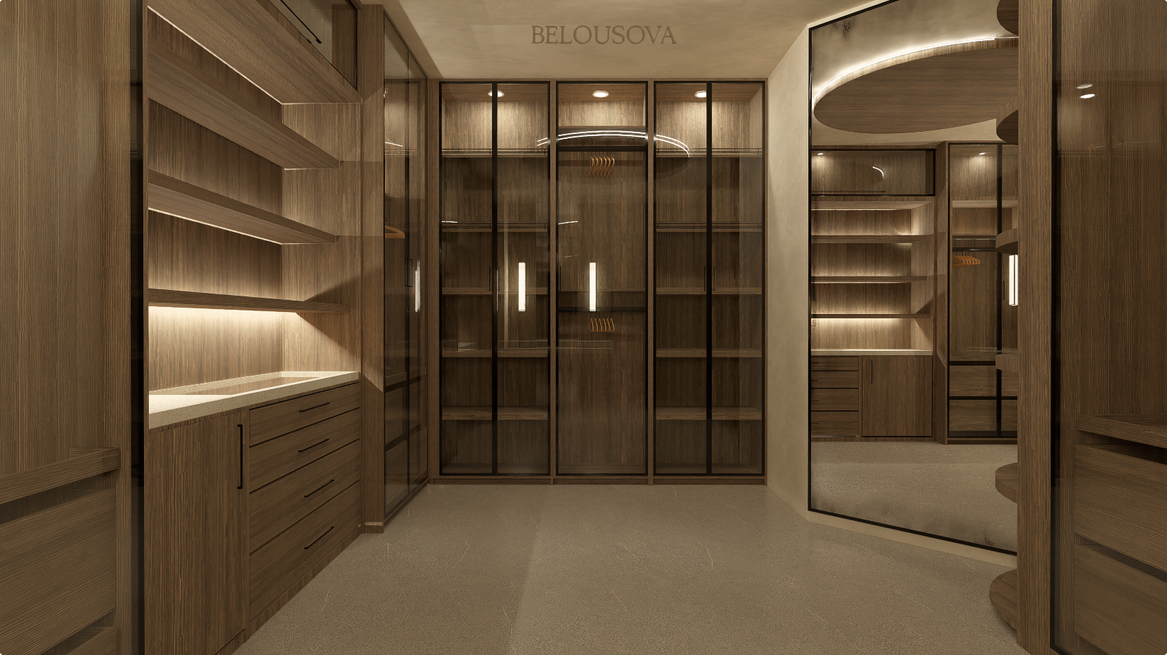 A spacious walk-in closet featuring wooden shelves, drawers, and glass-front cabinets with under-shelf lighting. The scene includes a large mirror on the right and the brand name "BELOSUOVA" on the wall above.