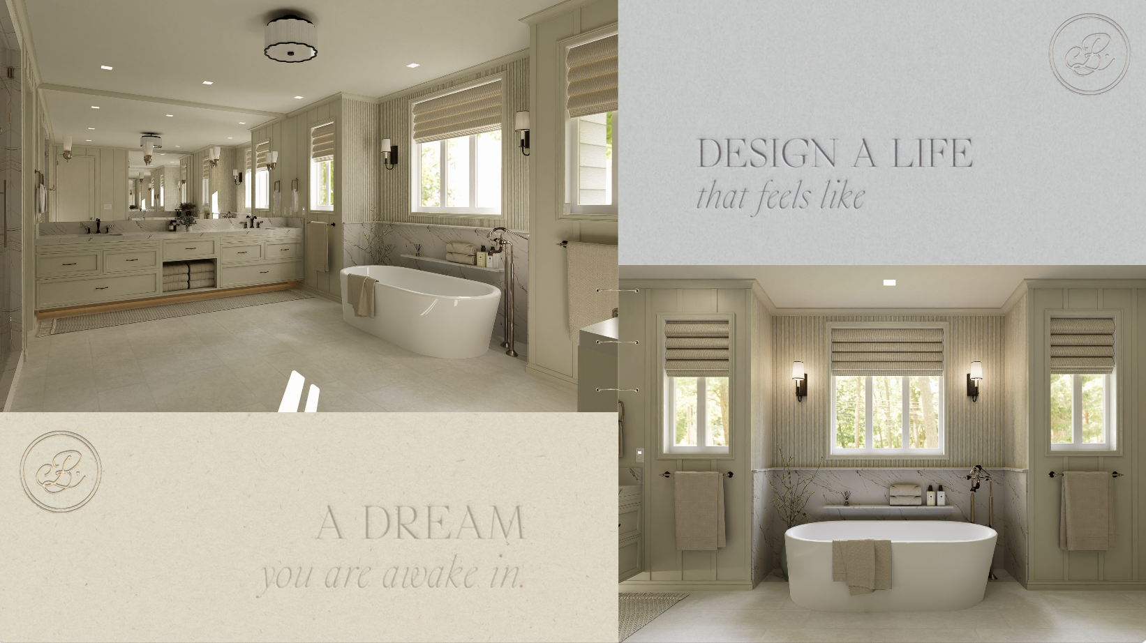 A spacious bathroom with a large vanity, multiple sinks, and a bathtub under three windows with shades. Decor includes towels, plants, and bottles, with soft beige and cream tones and modern lighting.