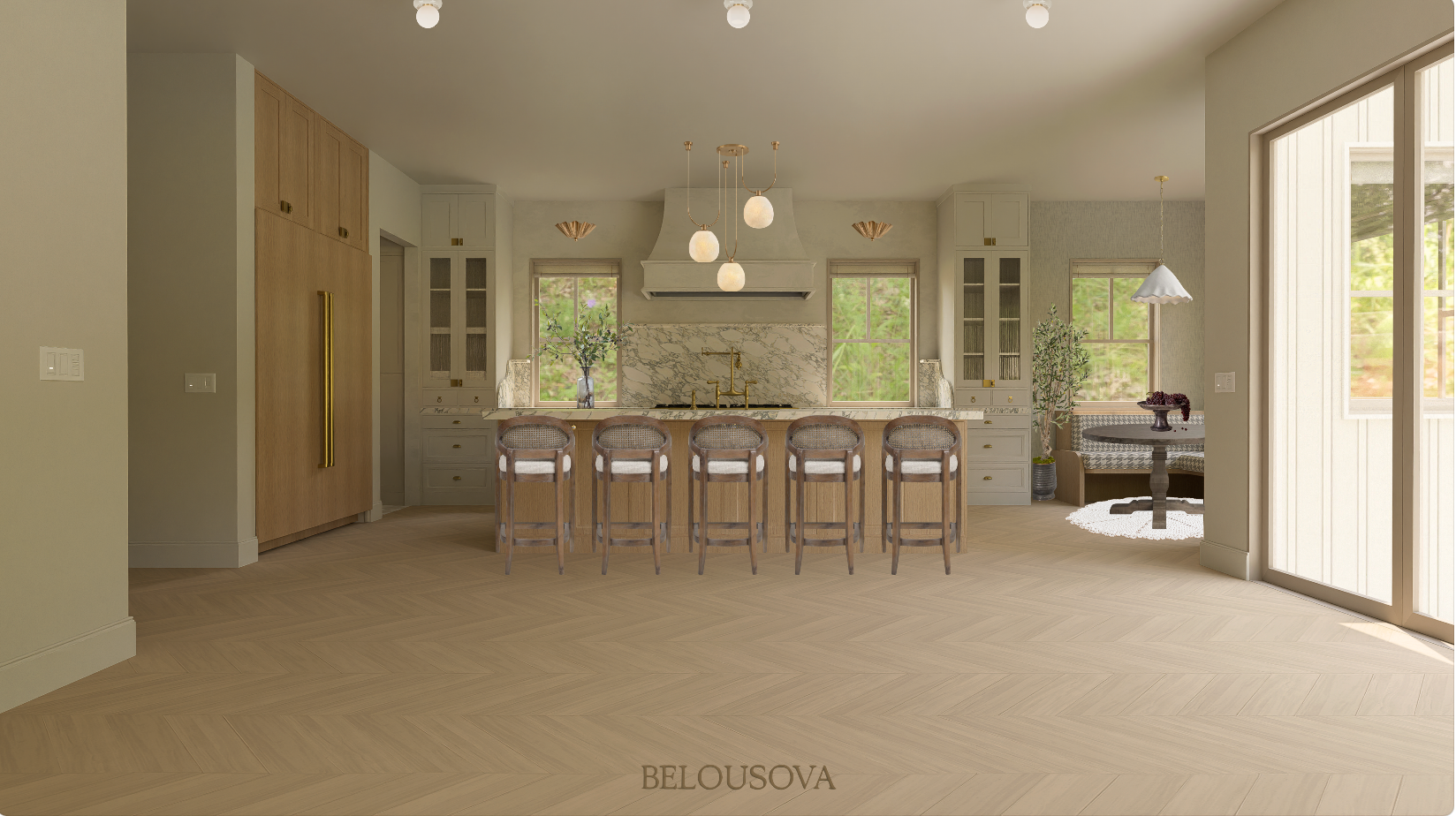 A spacious, modern kitchen with a large wooden island, six barstools, marble backsplash, and gold fixtures, with a dining nook and large windows letting in natural light.