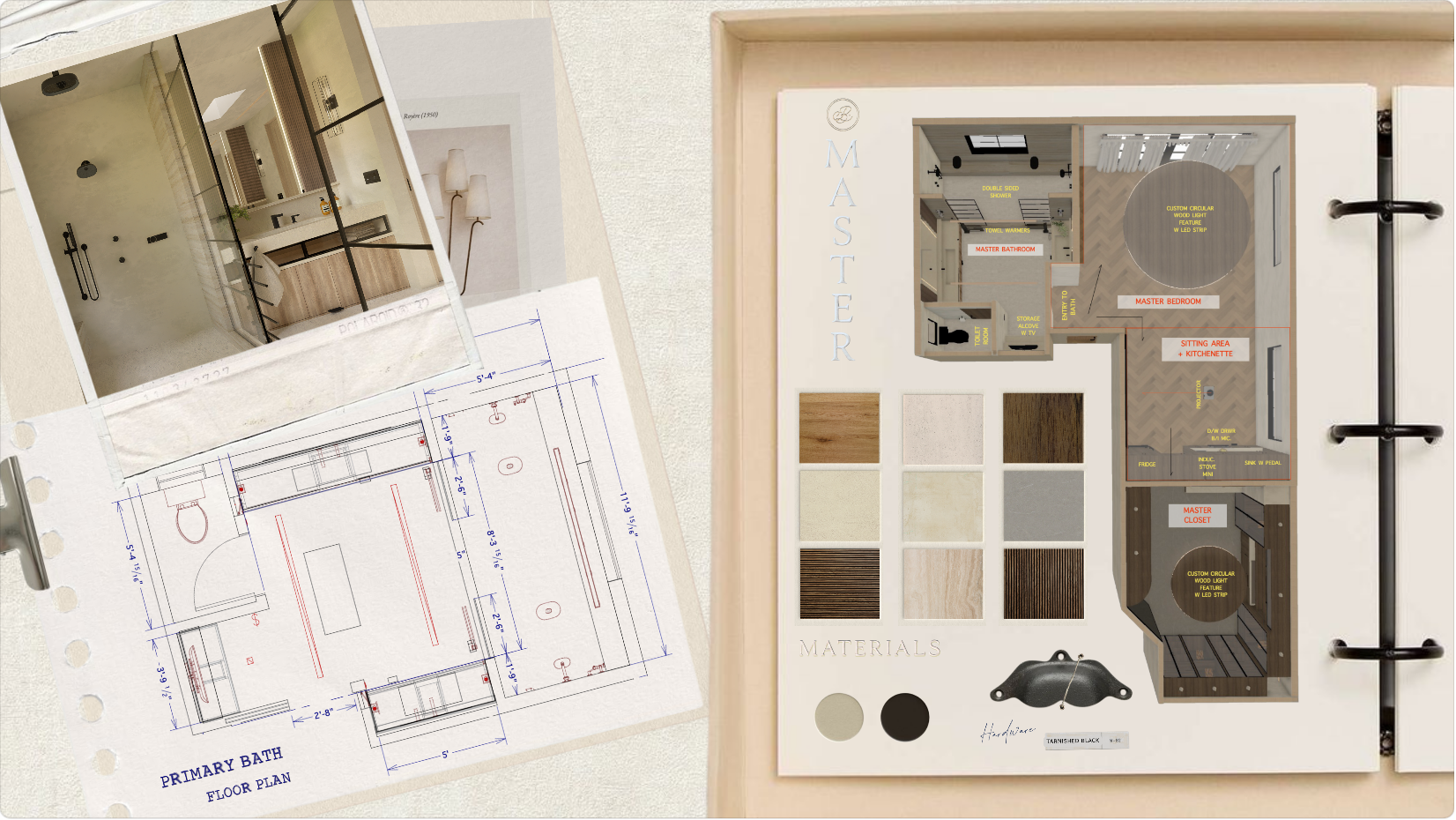 Design board and floor plan for a master bedroom and bathroom, with material samples including wood and tile, and detailed room layout labels.