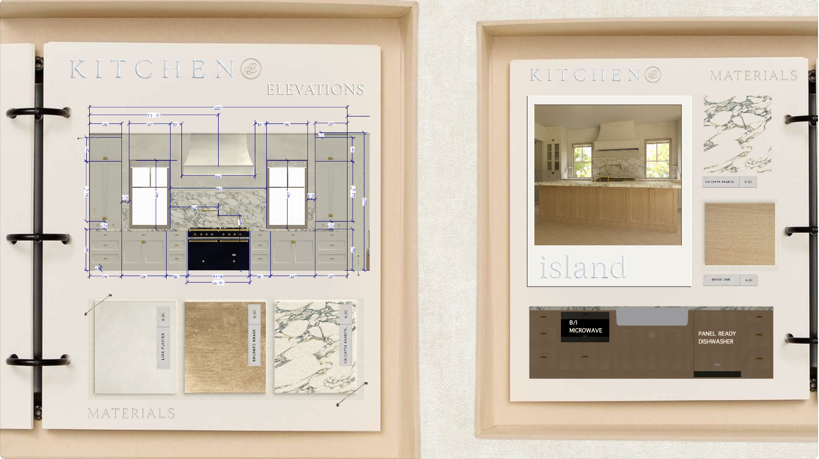Design board for a kitchen with elevation drawings, material samples including marble, wood, and tile, and a photograph of the completed kitchen featuring a marble backsplash, wooden cabinetry, and a kitchen island.