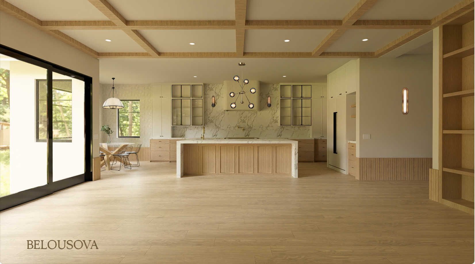 Modern kitchen with wood cabinetry and marble backsplash, island in the center, large sliding glass doors, and a dining area with chairs and a table.