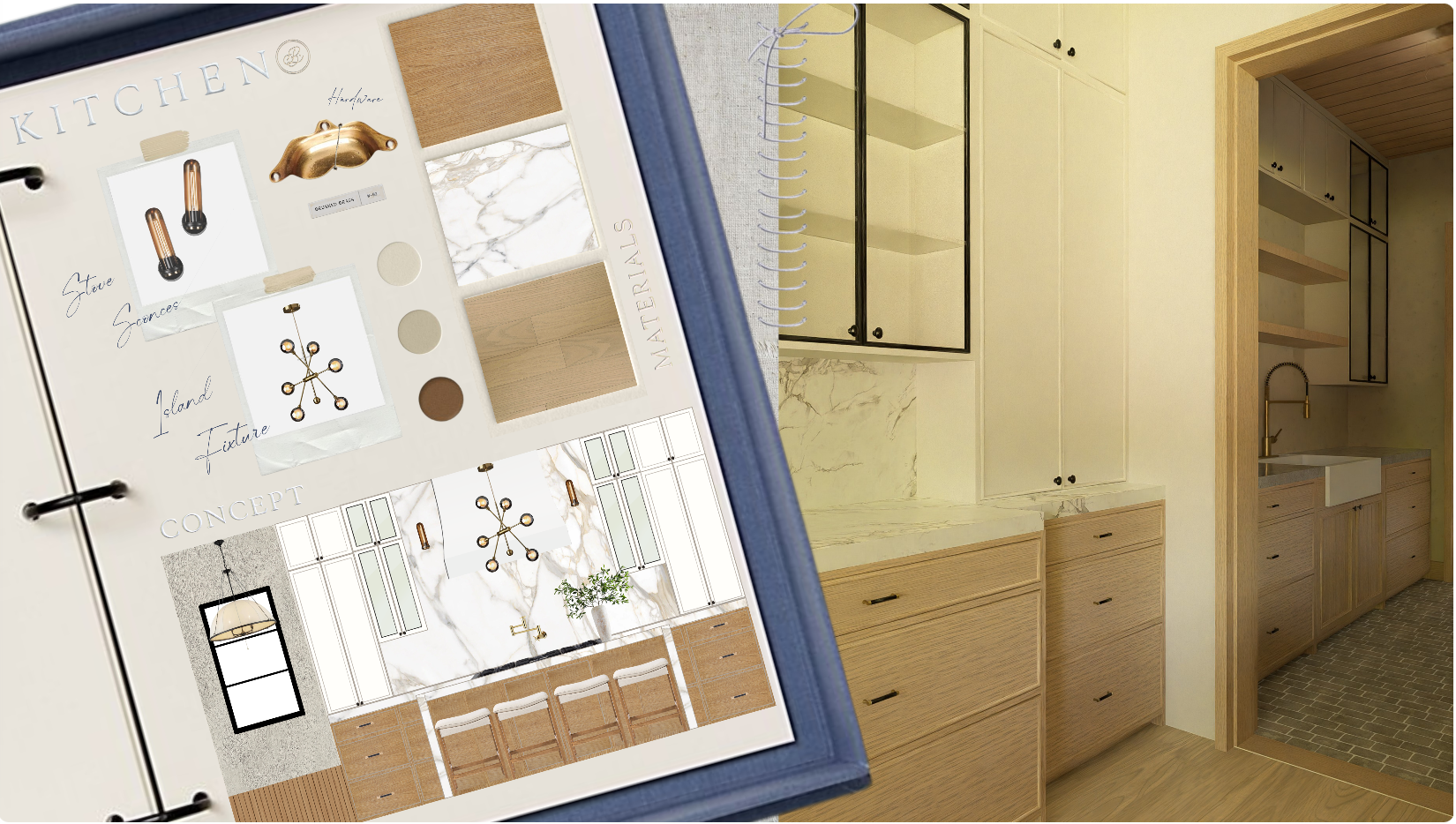A design mood board for a kitchen project consisting of various material samples, color swatches, and conceptual images, with a background showing a modern kitchen with wooden cabinets, marble countertops, and a tiled floor.