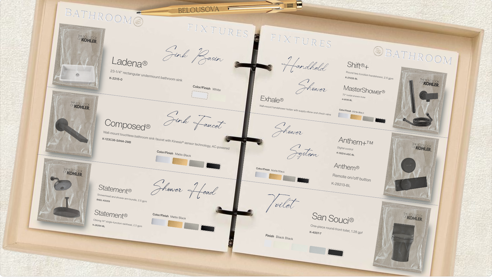 A booklet displaying bathroom fixtures and accessories, including sinks, faucets, showers, a toilet, and related items, with product images, descriptions, and color options.