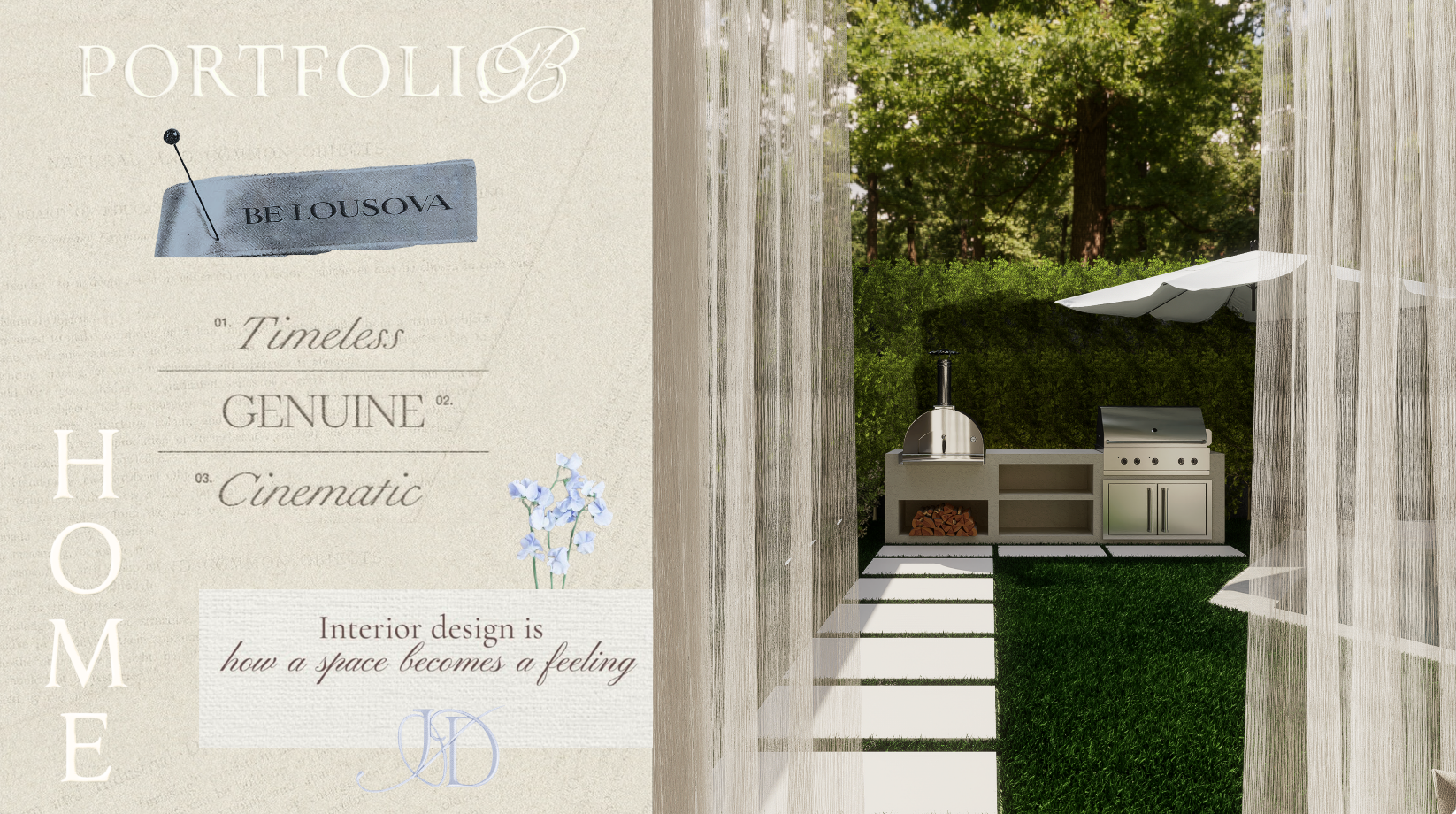 Design board with text and a garden outdoor kitchen with grill, pizza oven, and seating area surrounded by trees.