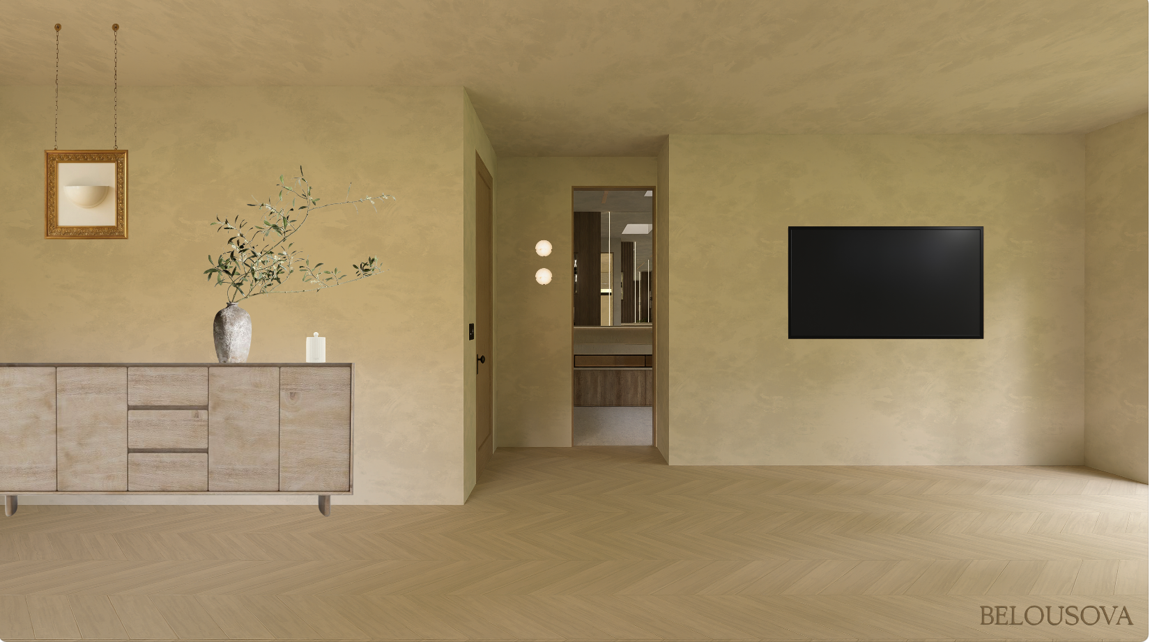 A minimalist living room with a beige textured wall, a wooden sideboard with decorative plant and candle, a black wall-mounted TV, and an open doorway leading to a bathroom or dressing area with mirror and vanity.