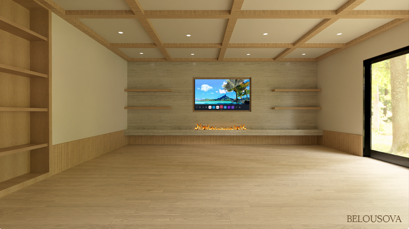 Modern living room with wood flooring, a wall-mounted TV showing a tropical beach scene, a built-in fireplace below the TV, open wooden shelves on either side of the TV, and a large window to the right revealing trees outside.