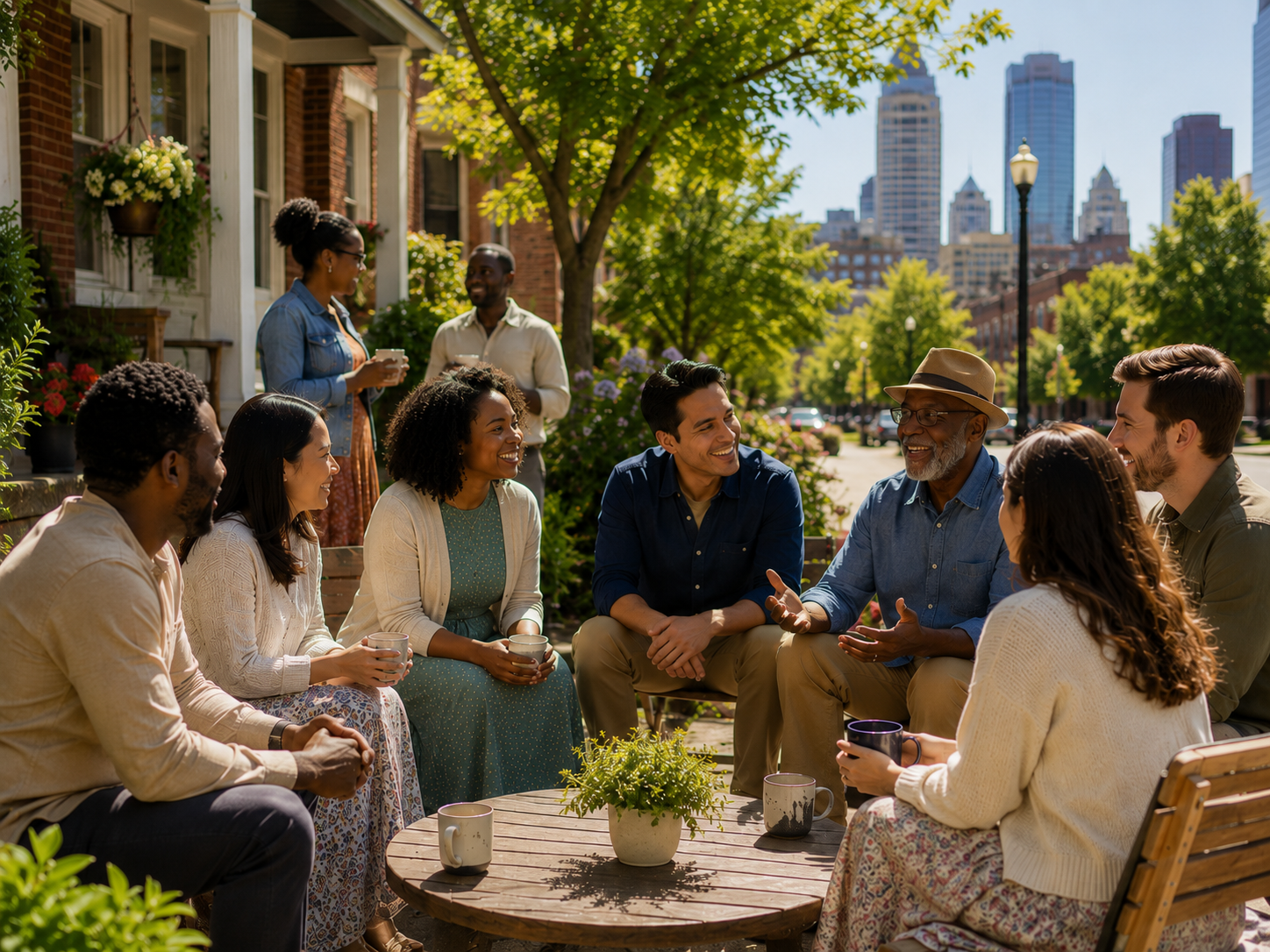 A group of diverse people enjoying a conversation outdoors in a city neighborhood on a sunny day, sitting around a wooden table with mugs, with apartment buildings, trees, and city skyscrapers in the background.