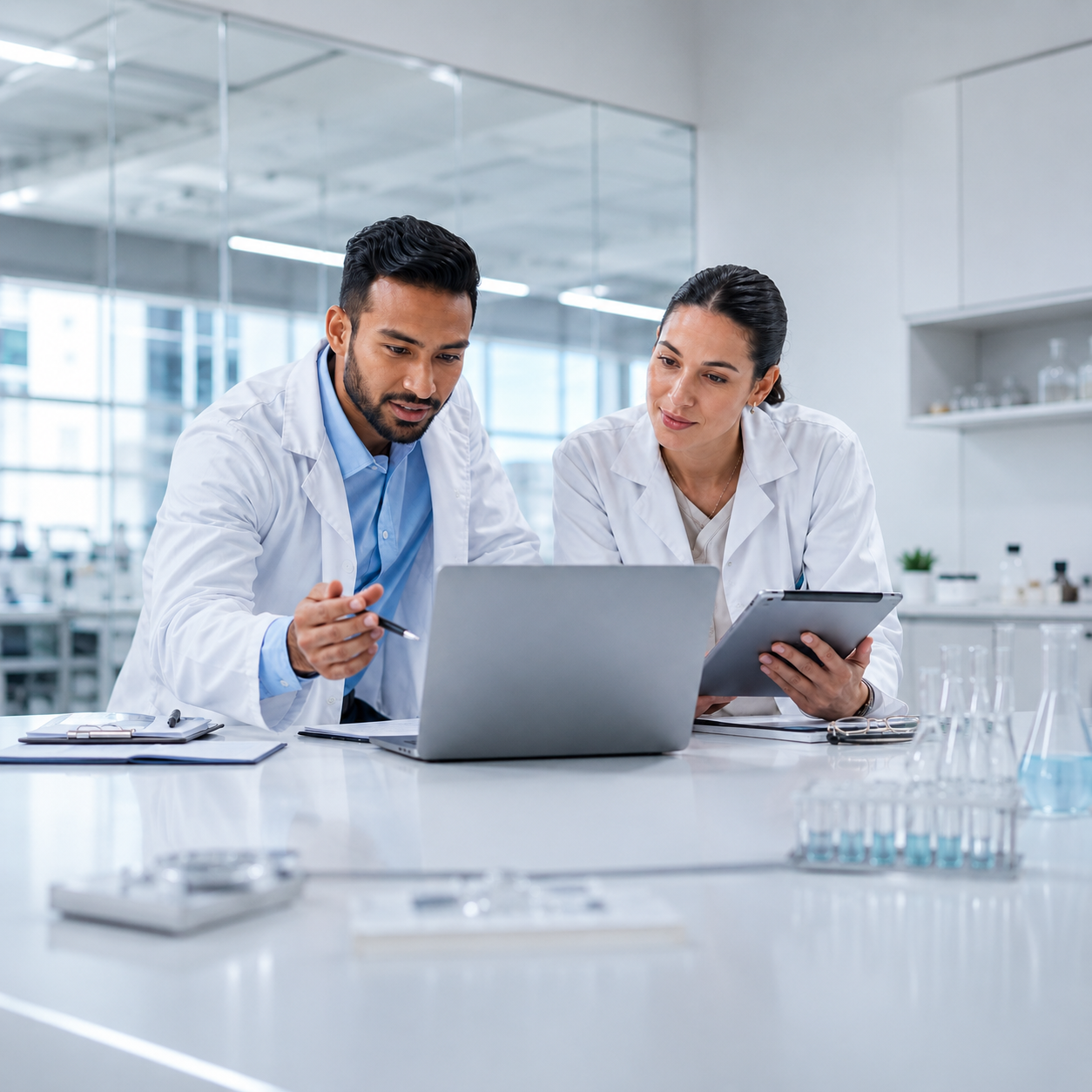 Two scientists in lab coats collaborating on a project at a laboratory bench, looking at a laptop and a clipboard, with scientific glassware in the background.