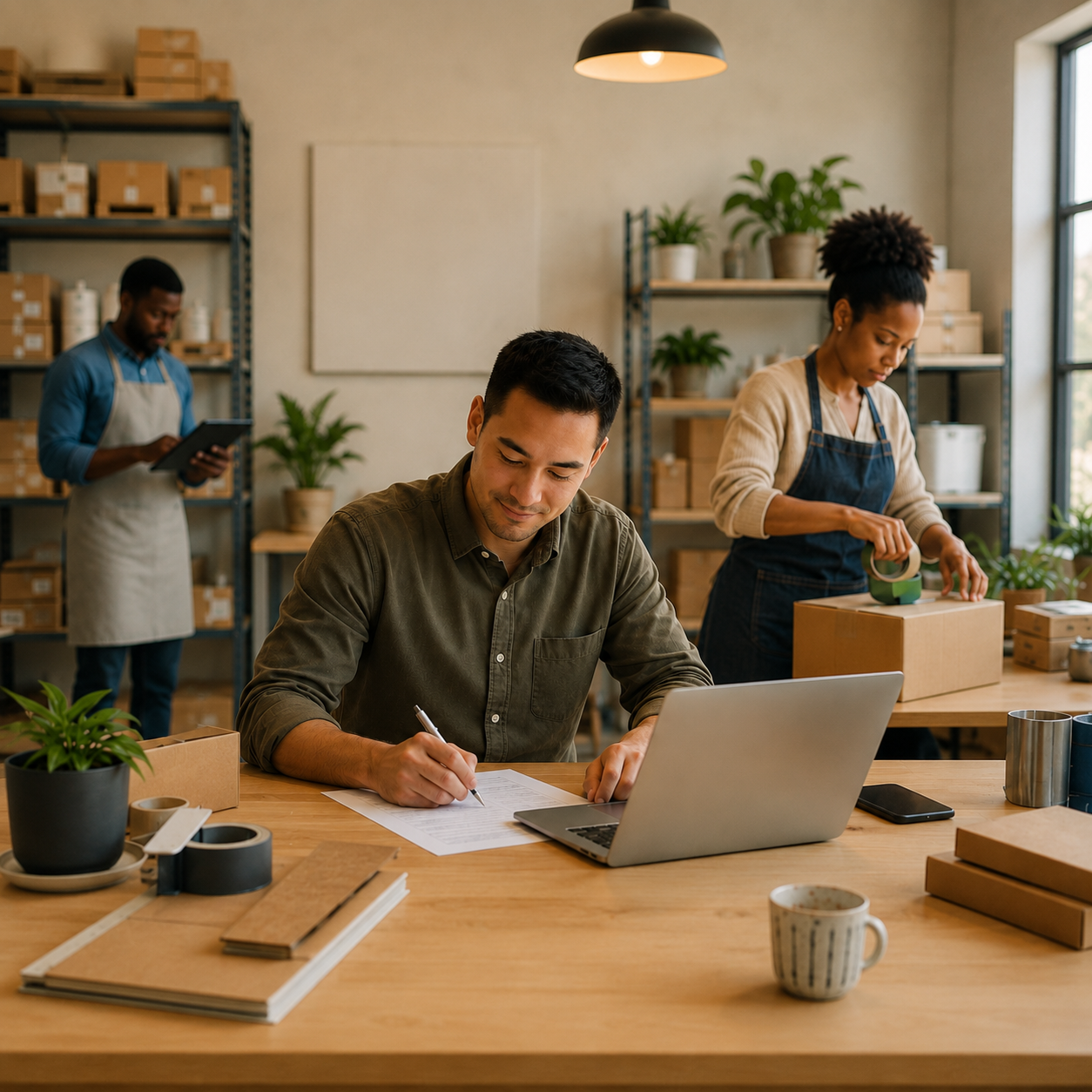 Two people working in a packaging or small business workspace, one seated at a table with a laptop and paperwork, the other sealing a box, with a third person in the background organizing items.