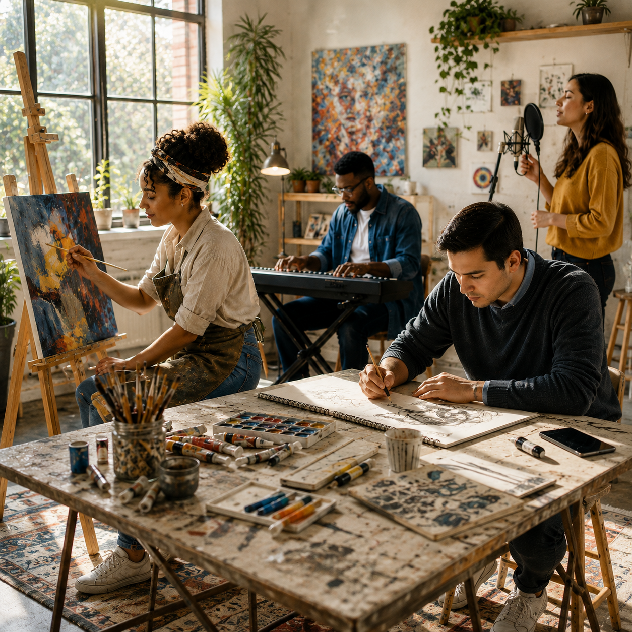 A group of four people in an art studio. One woman is painting on a canvas on an easel, another man is drawing in a sketchbook, a third man is playing a keyboard, and a woman is singing into a microphone. The studio has large windows, plants, and various artworks on the wall.
