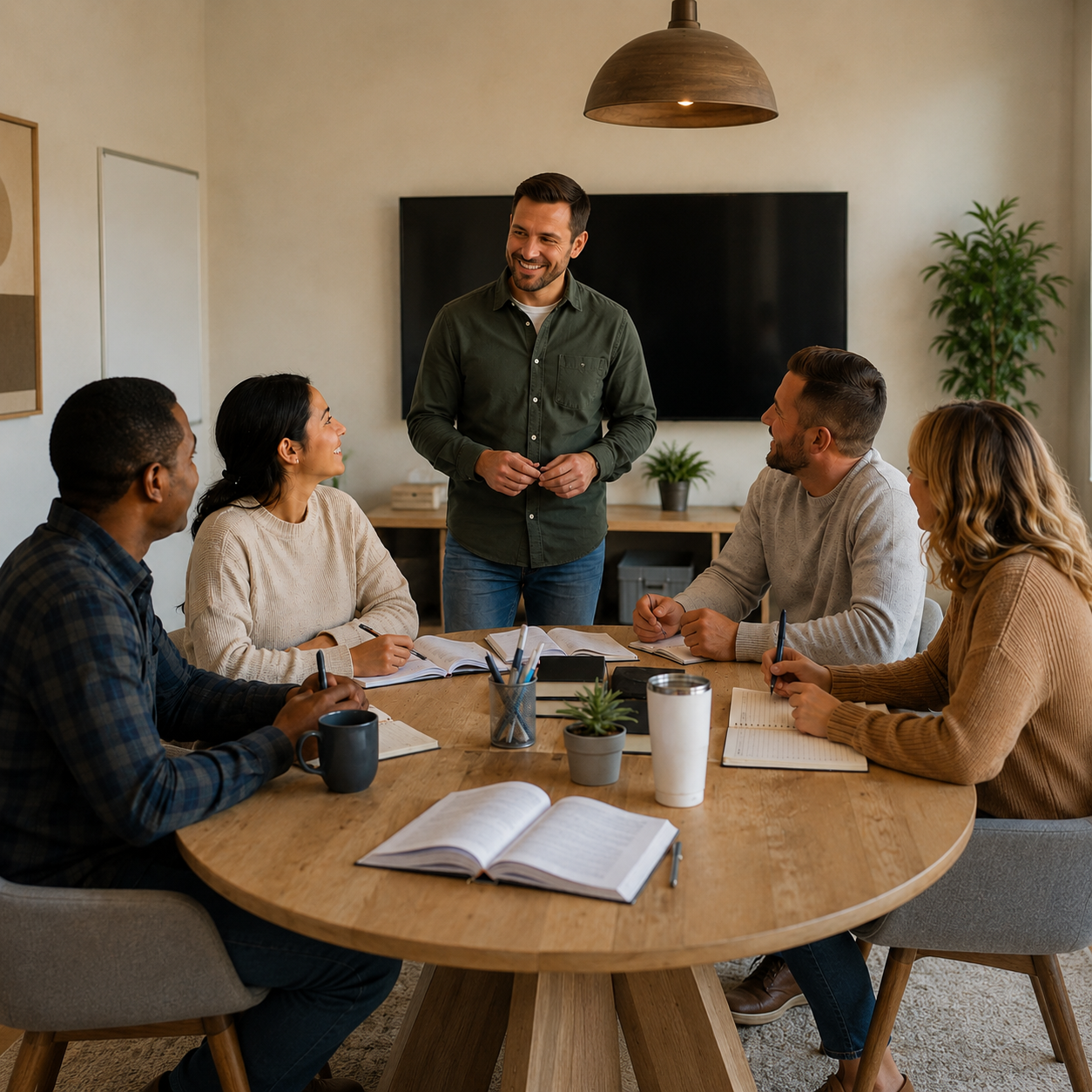 A diverse group of five people sitting around a round wooden table, listening to a man standing and speaking, in a meeting room with a large TV on the wall and plants in the background.