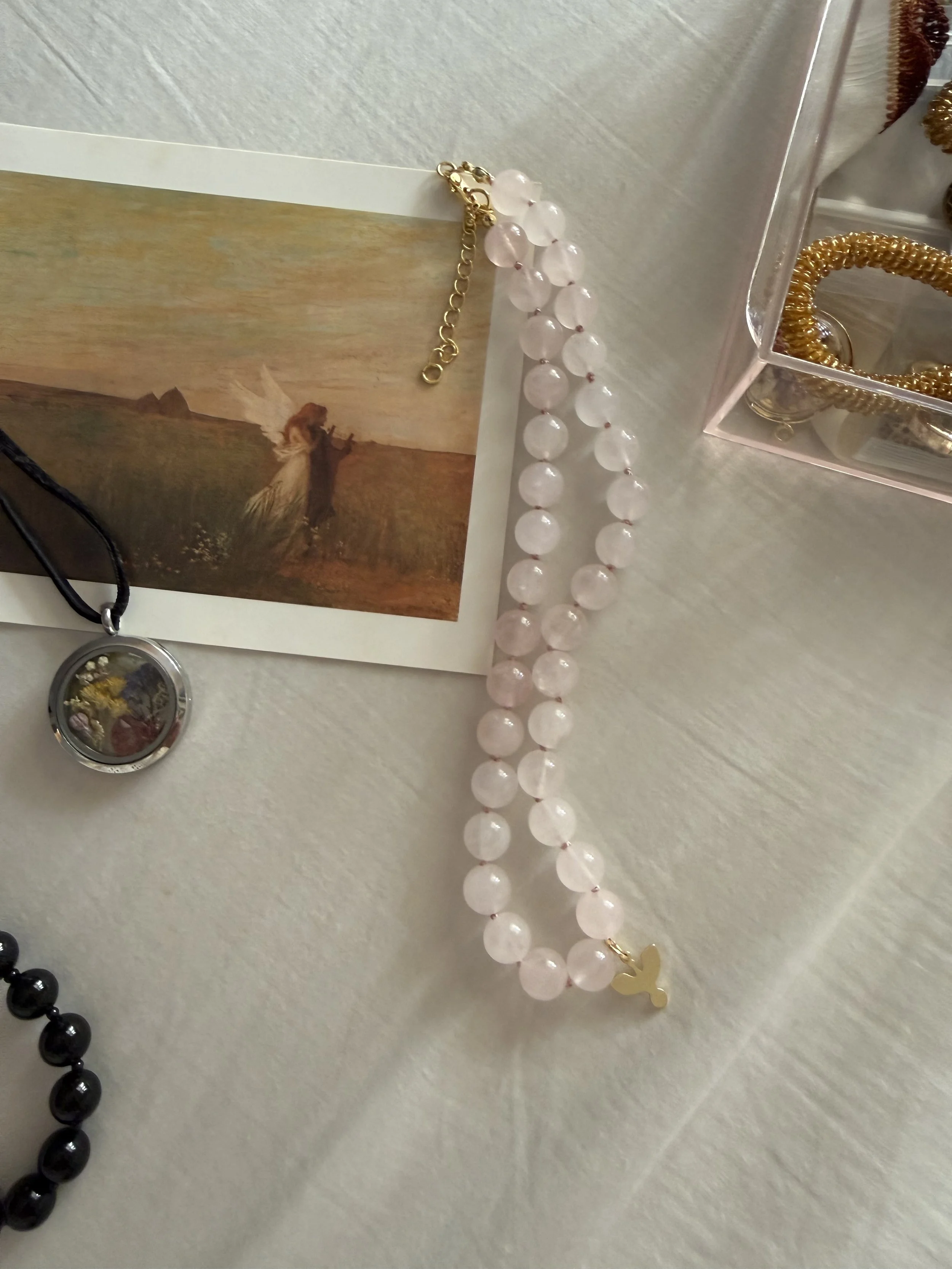 Ethereal Rose Quartz Necklace with Gold Dove Charm