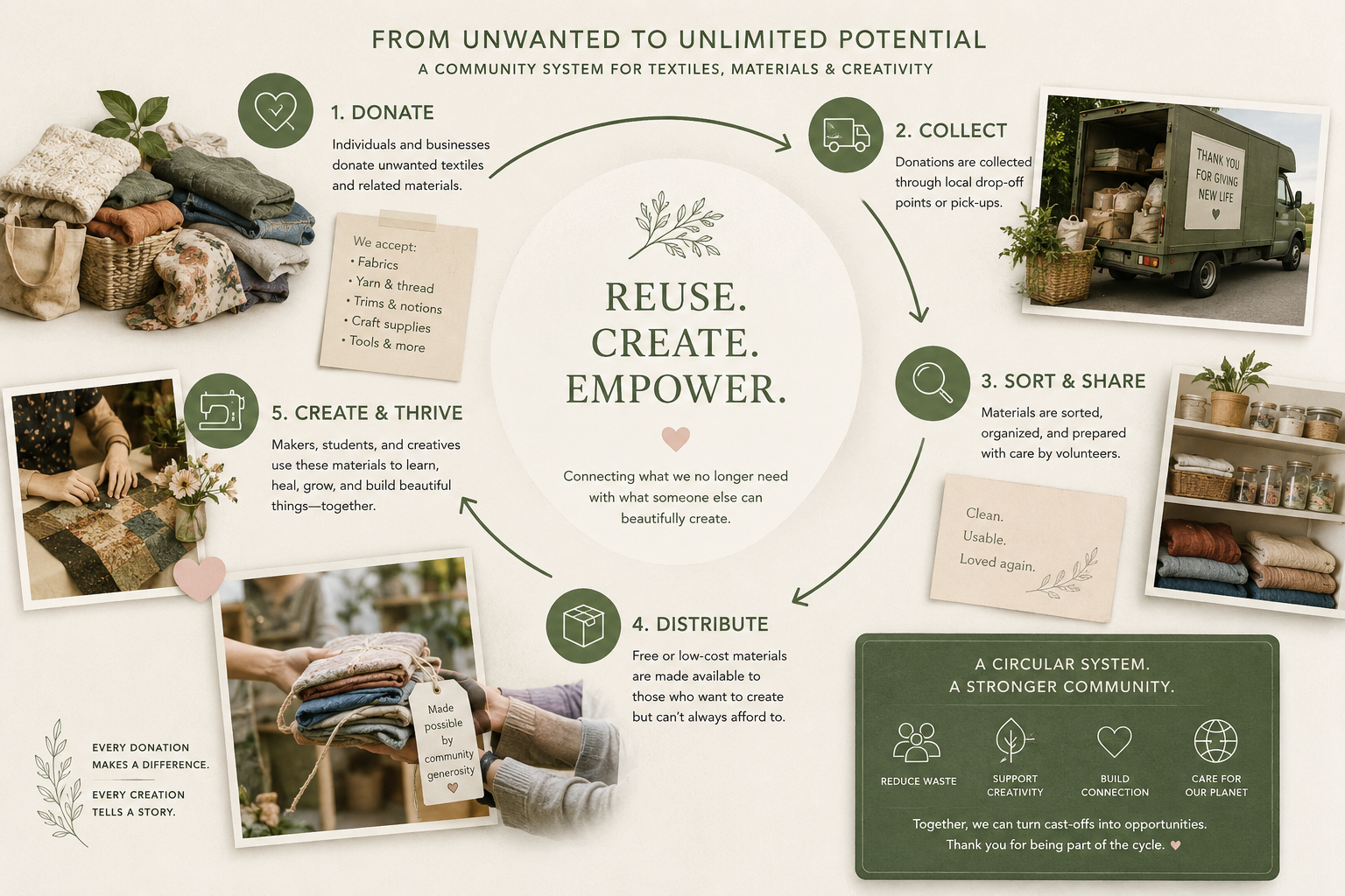 A circular infographic illustrating a community textile reuse system with five steps: DONATE, COLLECT, SORT & SHARE, DISTRIBUTE, and CREATE & THRIVE, accompanied by photos of textiles, a donation truck, organized materials, and people handling fabrics, emphasizing sustainability and community creation.