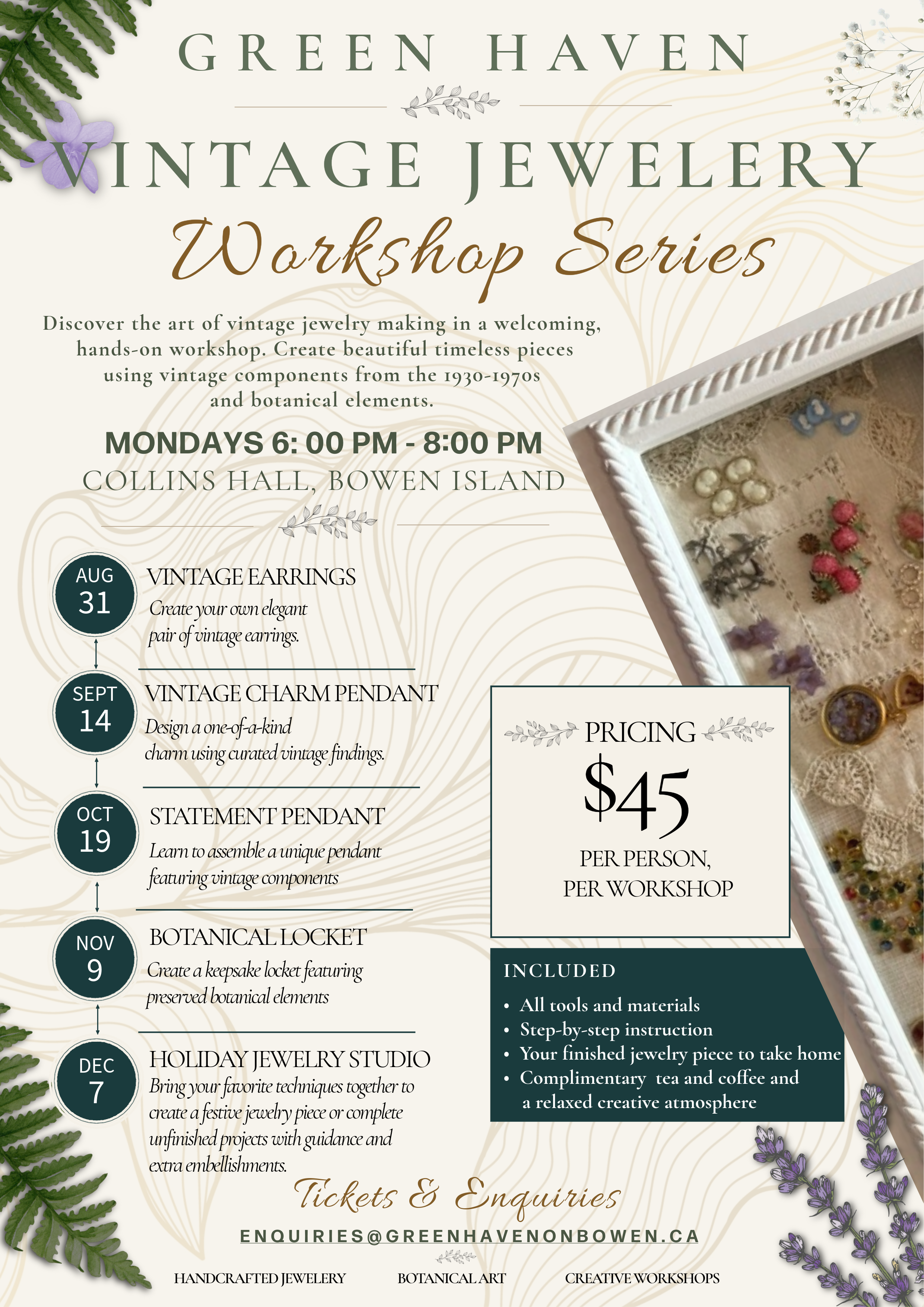Flyer with green leaves and purple flowers border, promoting a vintage jewelry workshop series at Collins Hall on Bowen Island, including dates, topics, pricing, and contact information.