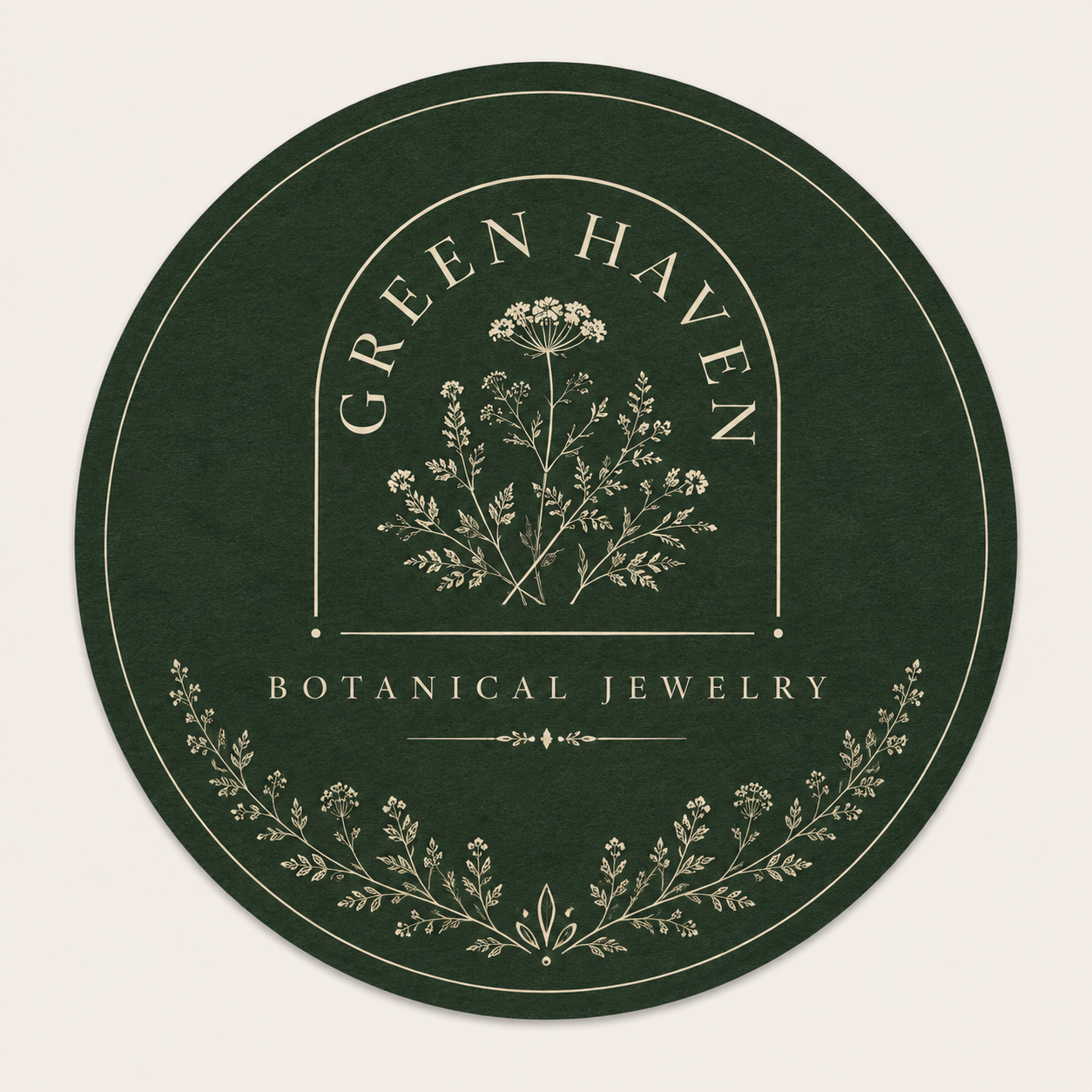 A round dark green botanical jewelry logo with white floral illustrations and text that reads 'Green Haven Botanical Jewelry'.